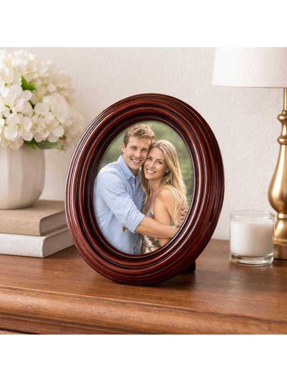 Oval Wood Picture Frame, Glossy Finish, Classic Carved Detail (3x2 Photo)